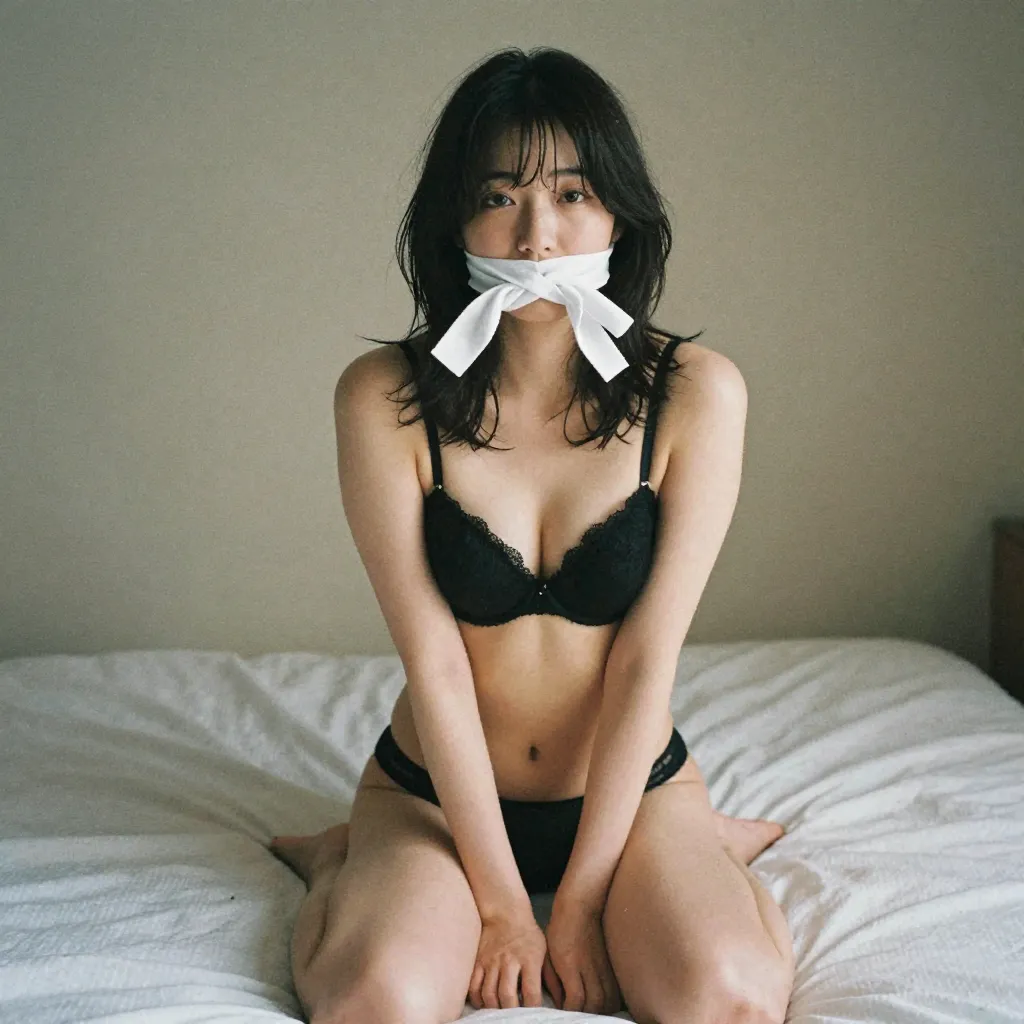 白い布ギャグを装着した女性(正面)