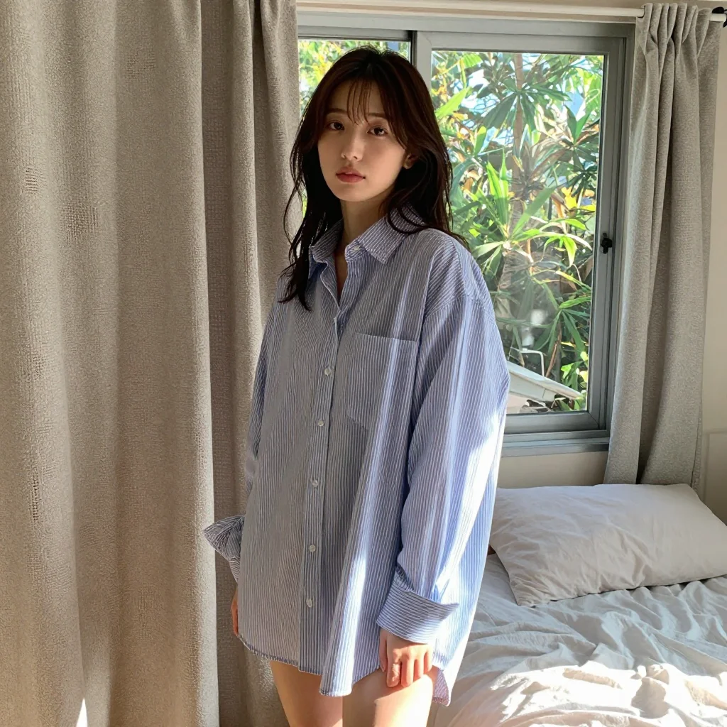 条件D: wearing only a shirt + oversized