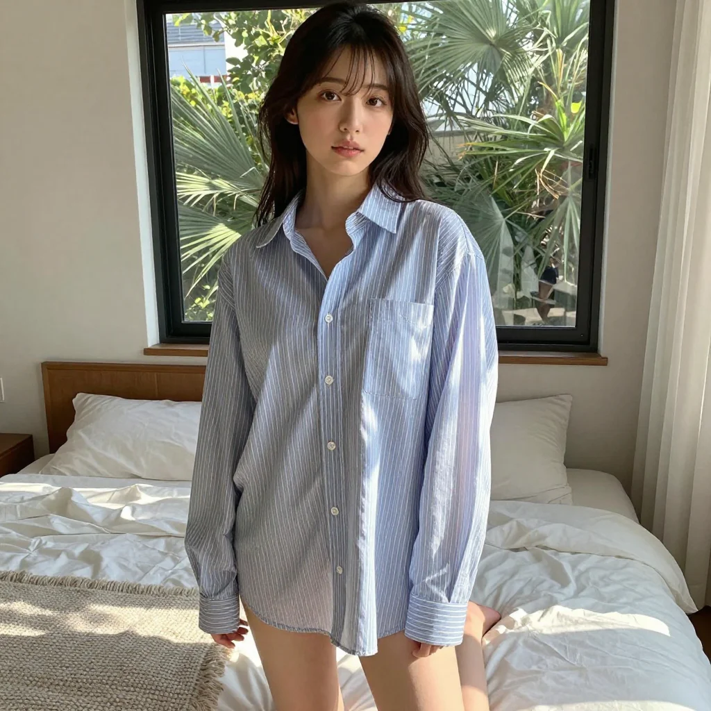 条件D: wearing only a shirt + oversized