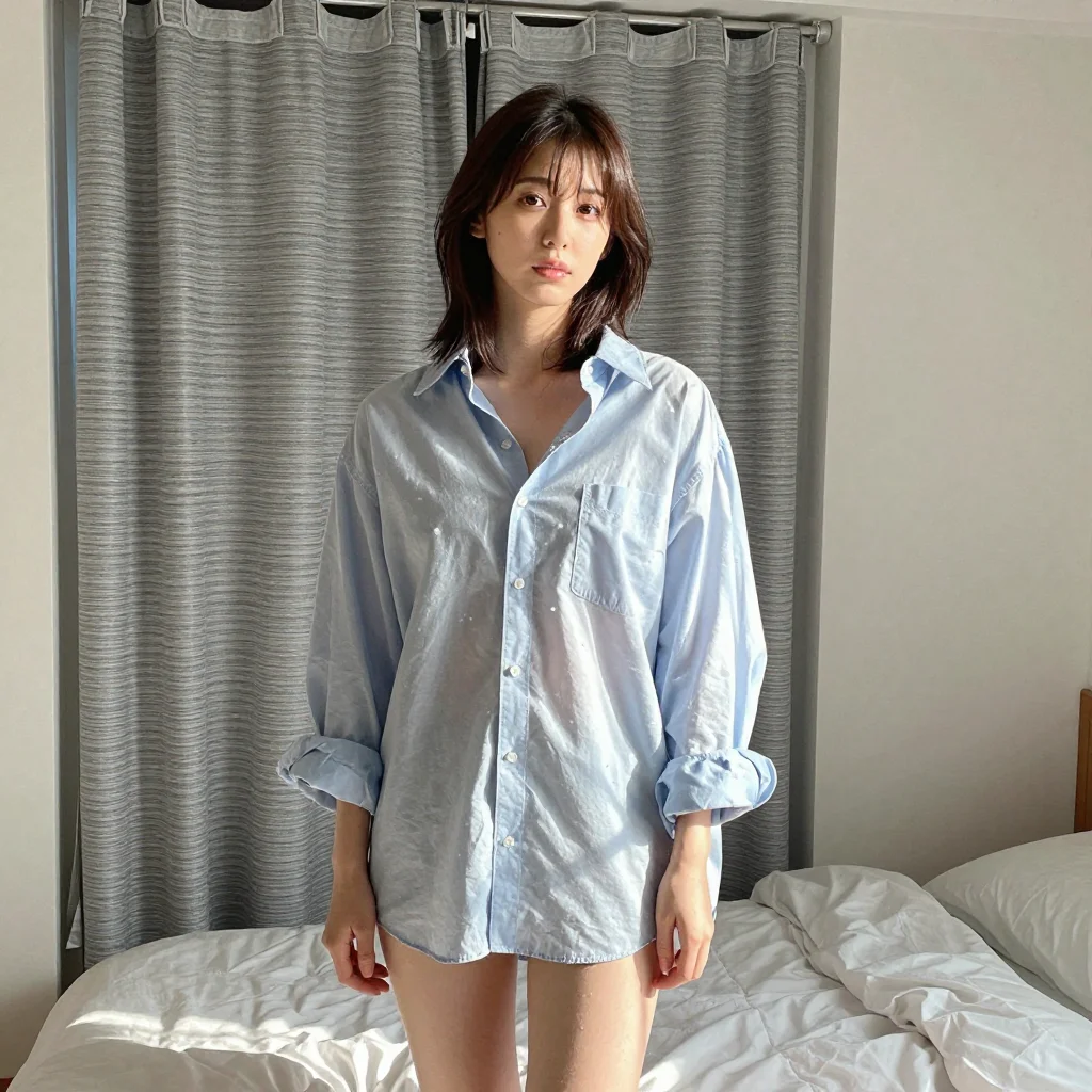 条件D: wearing only a shirt + oversized