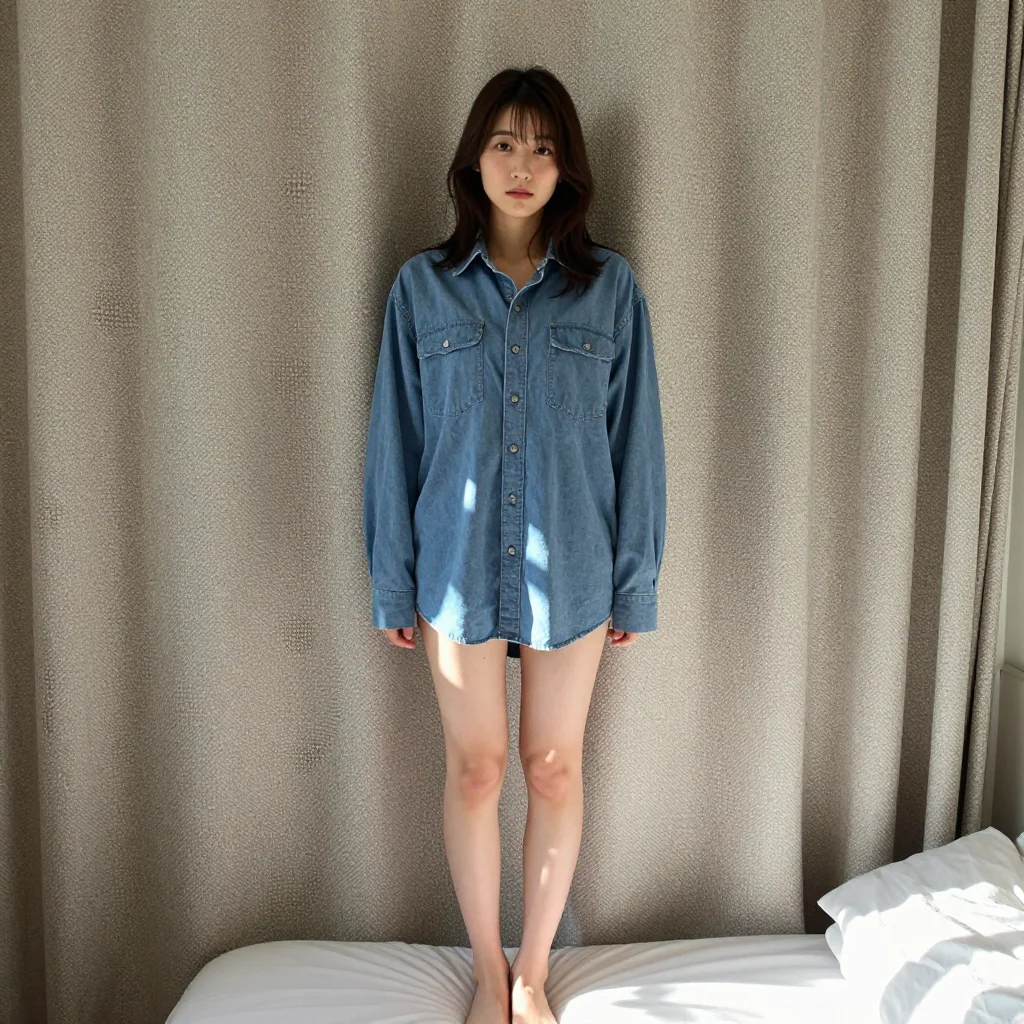 条件F: oversized shirt + bare legs