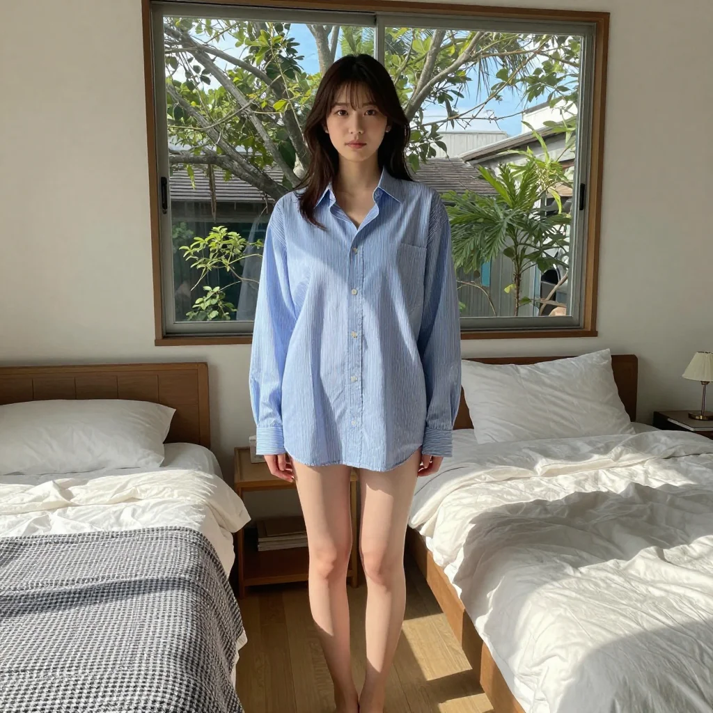 条件F: oversized shirt + bare legs