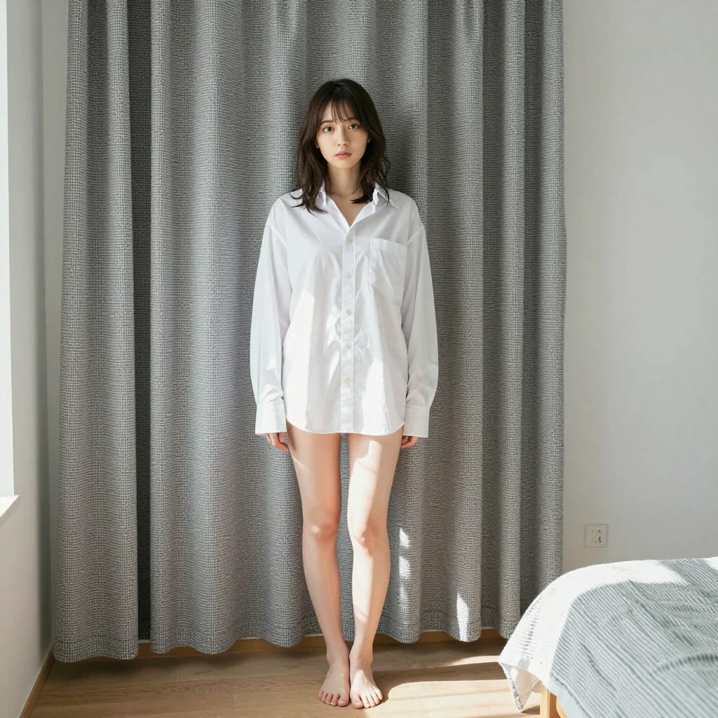 条件F: oversized shirt + bare legs