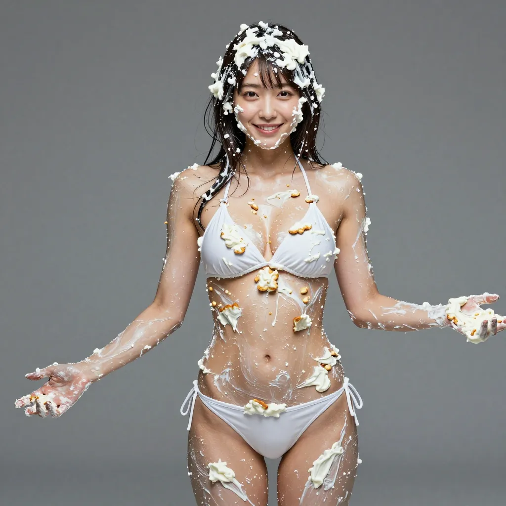 頭から全身にクリームが飛び散った状態