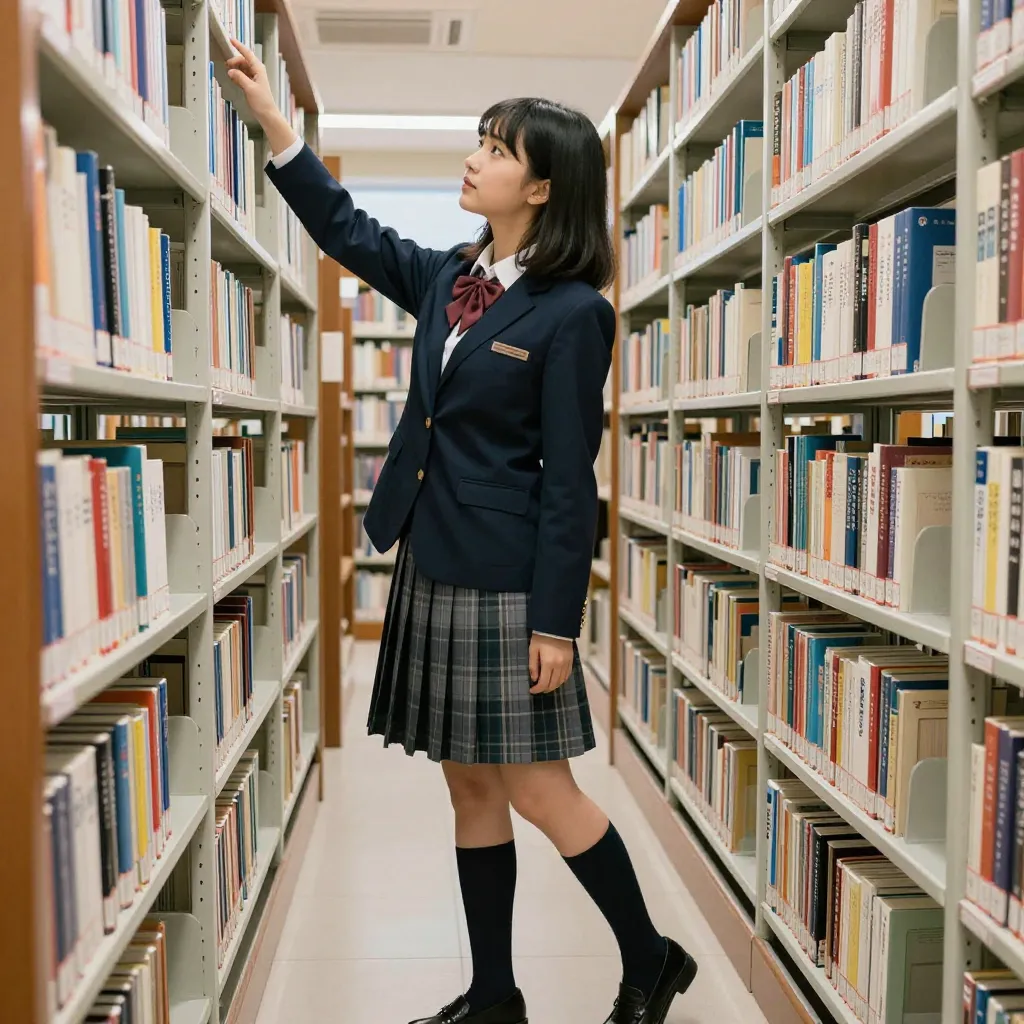 図書室×棚に手を伸ばす