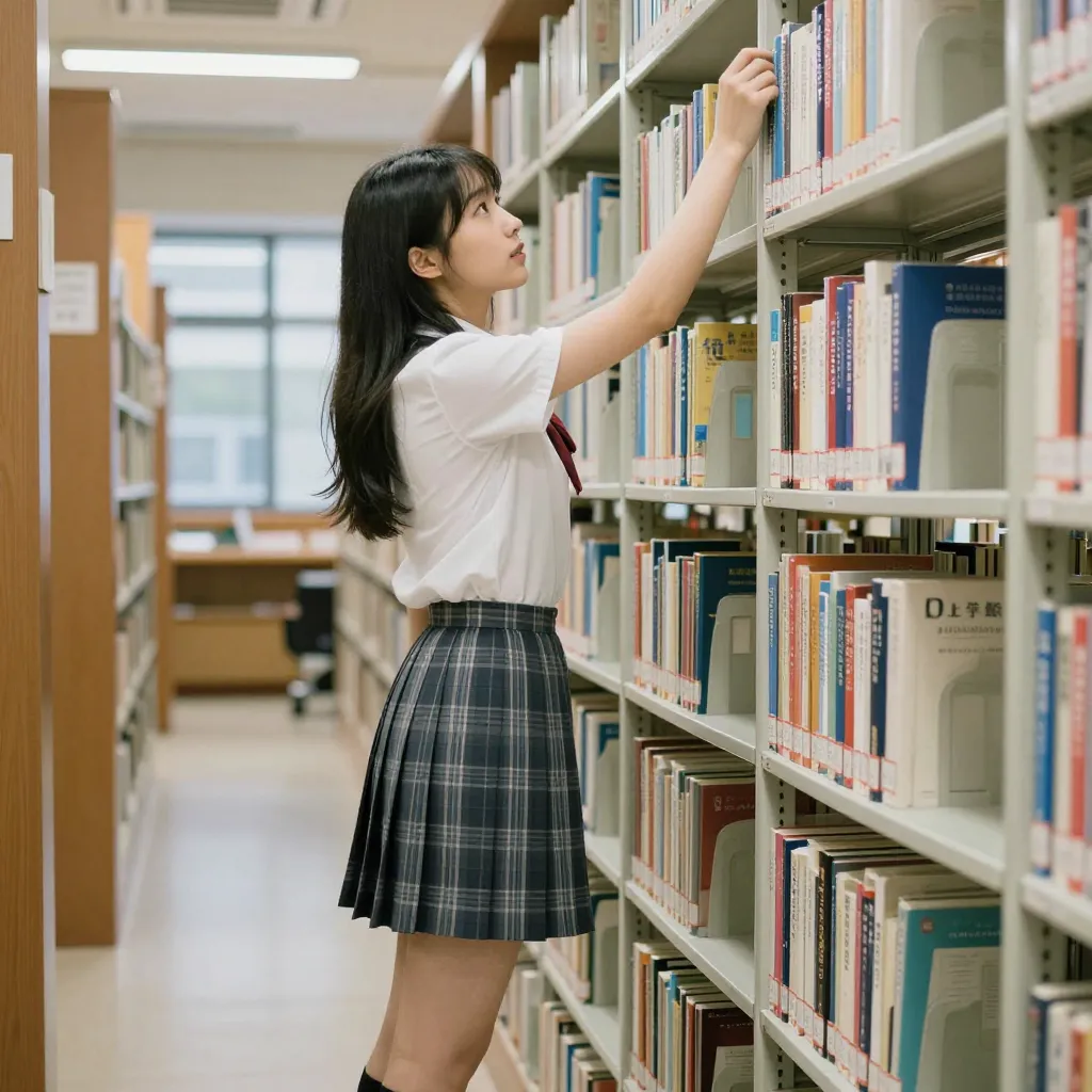 図書室×棚に手を伸ばす