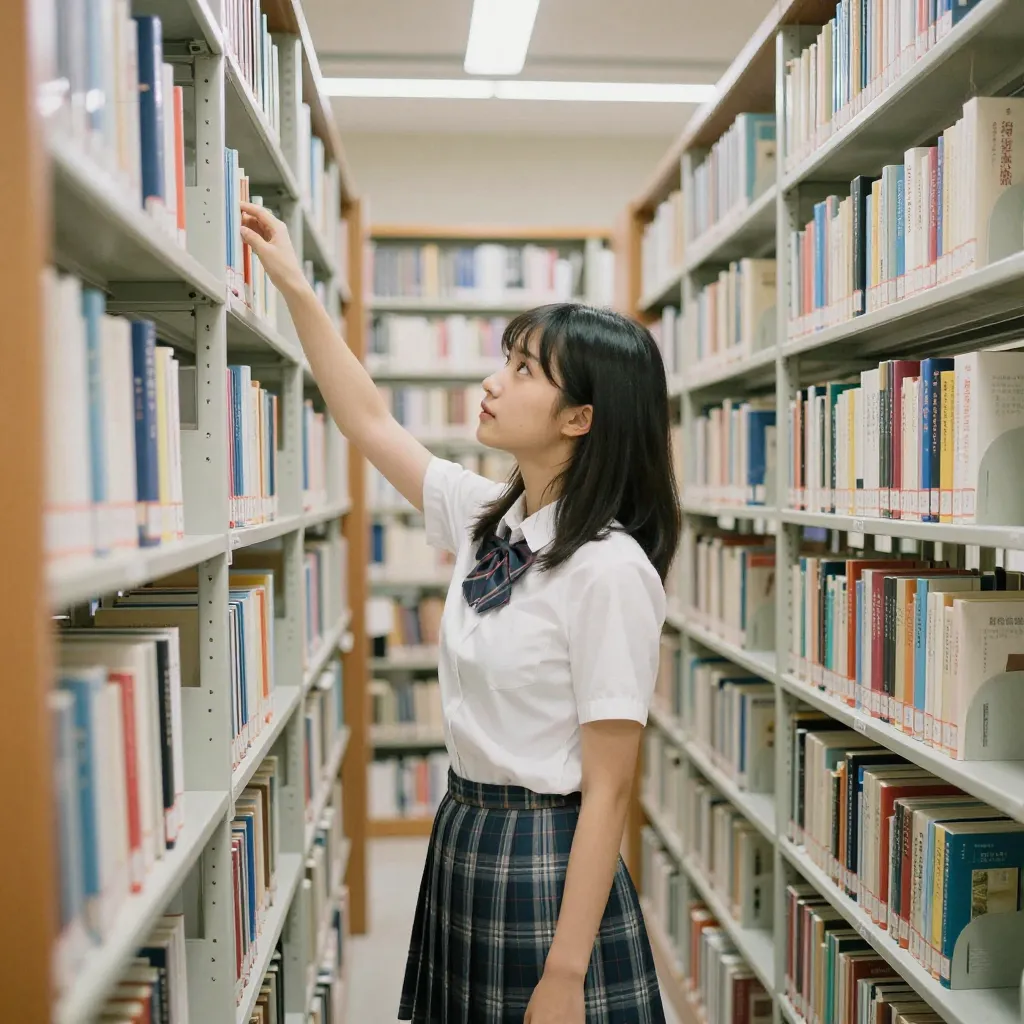 図書室×棚に手を伸ばす