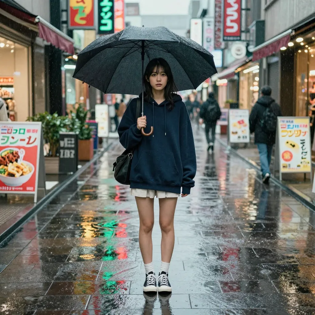 雨の商店街×ネオン反射