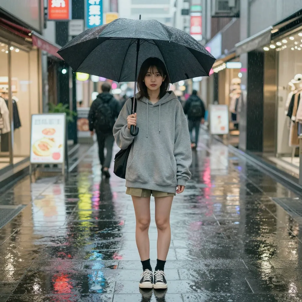 雨の商店街×ネオン反射