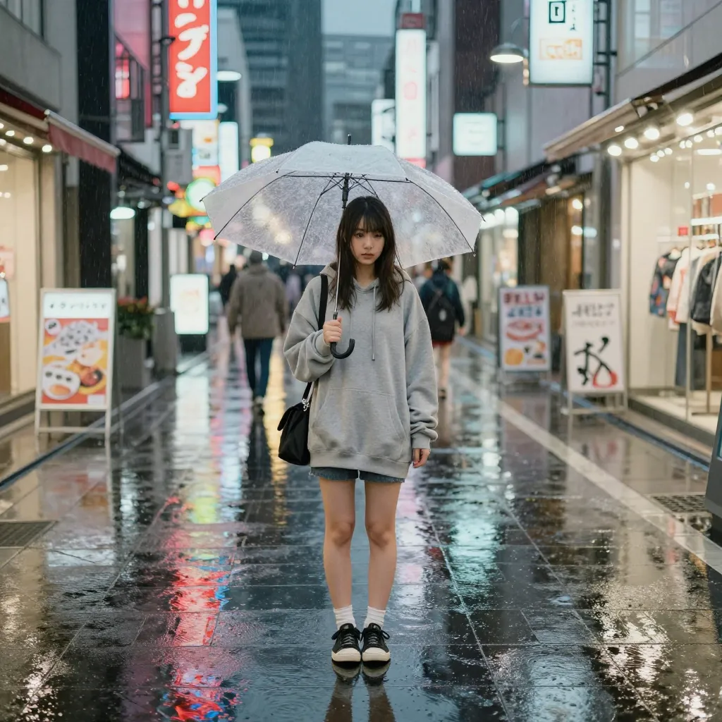 雨の商店街×ネオン反射