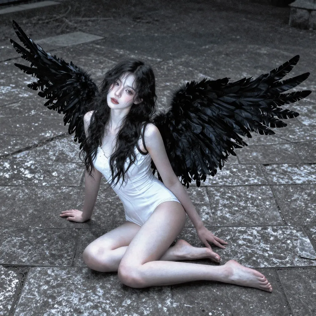 黒い翼を広げたゴシック雰囲気の女性