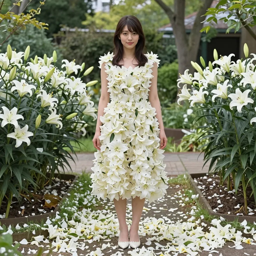 白いユリの花ドレスの女性がユリの茂みの前に立っている