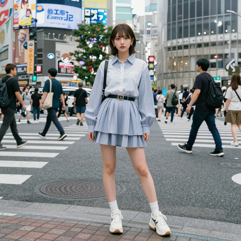gyaru fashion単体（ストライプ柄プリーツミニスカート+白スニーカー）