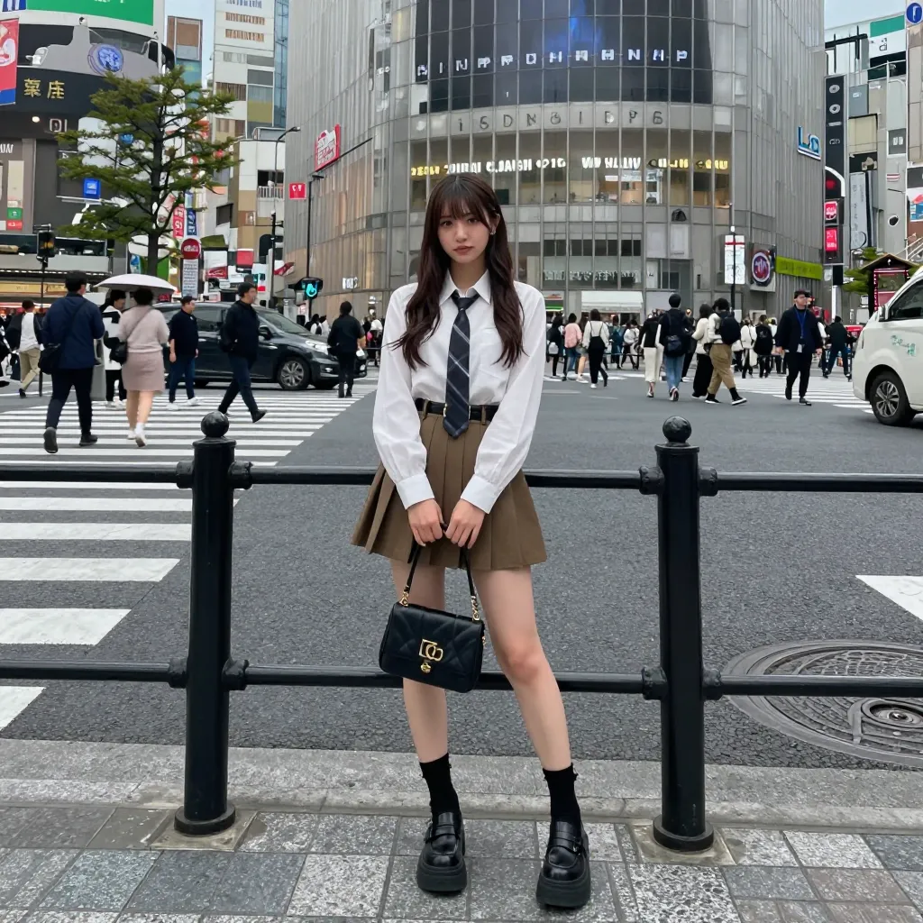 gyaru fashion単体（ネクタイ+茶プリーツミニスカート+厚底ローファー）