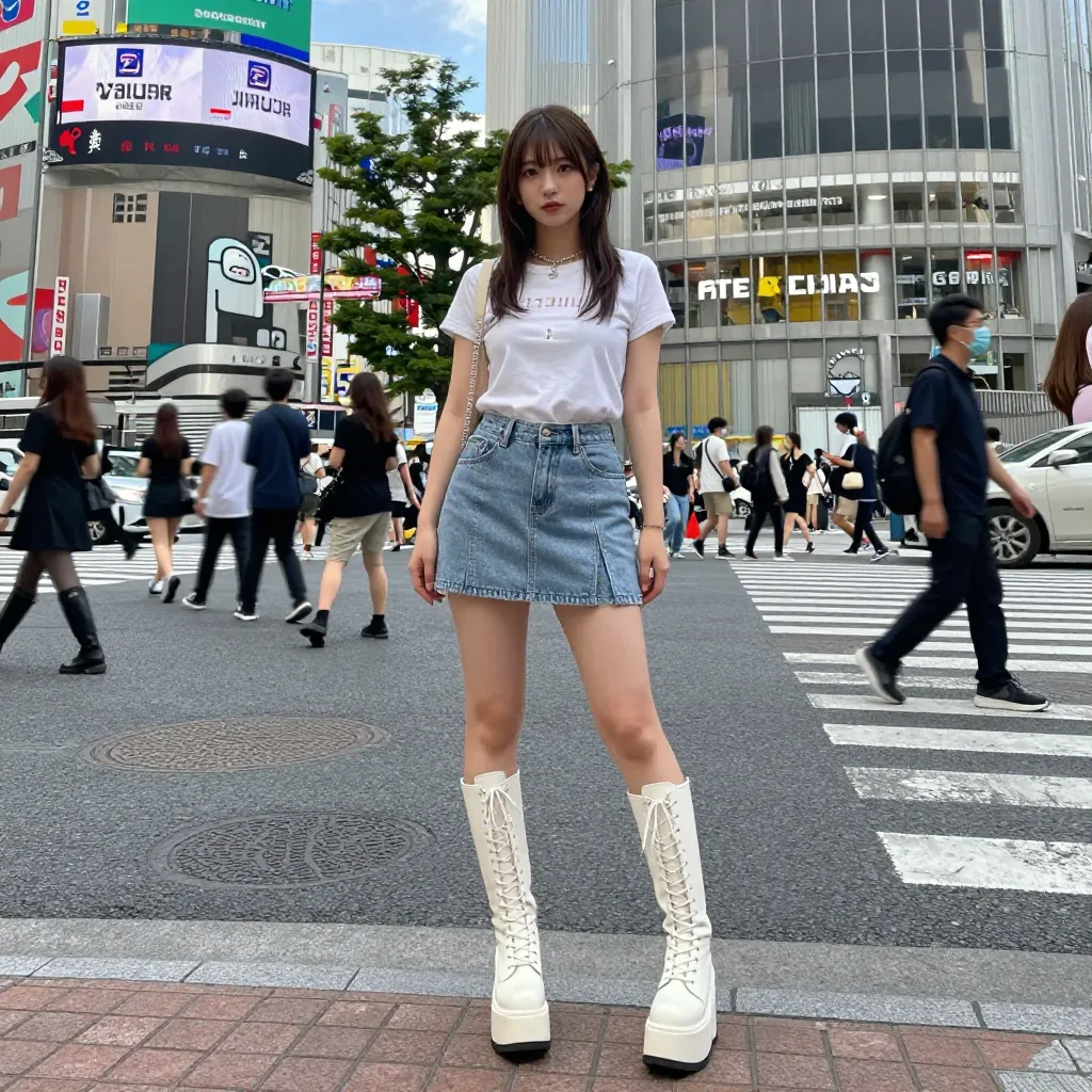 Y2Kレシピ（白ロゴTシャツ+デニムミニ+白厚底レースアップブーツ）