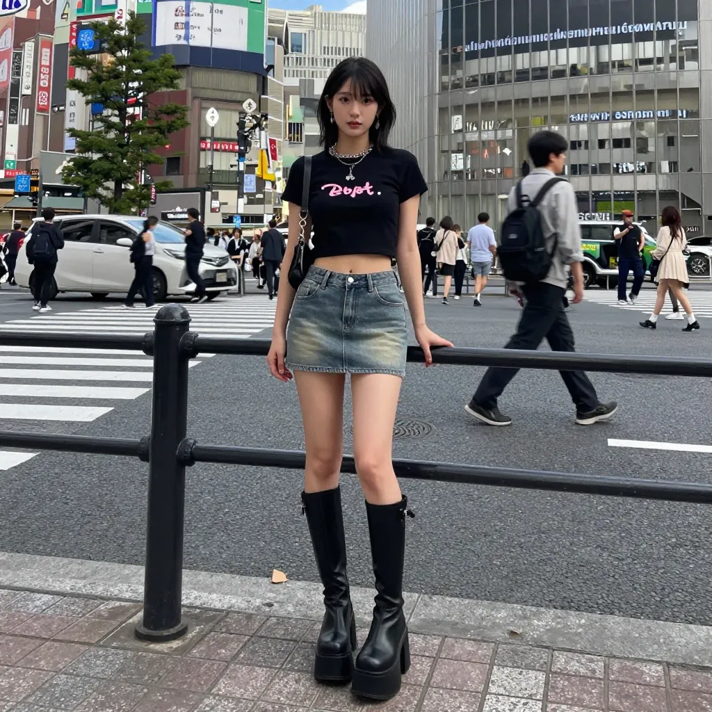 Y2Kレシピ（ピンクロゴ黒クロップT+デニムミニ+黒厚底ブーツ）