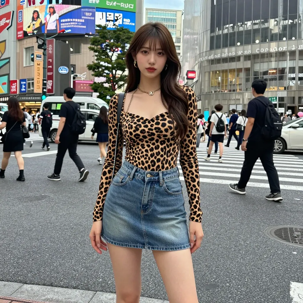 ヒョウ柄レシピ（ヒョウ柄トップス+デニムミニ、ウェーブロングヘア）
