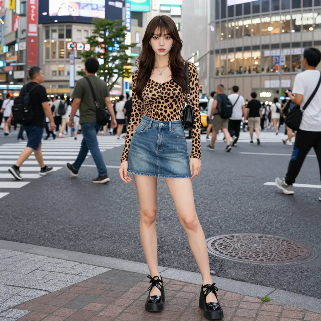 ヒョウ柄レシピ（ヒョウ柄トップス+デニムミニ+黒レースアップパンプス）