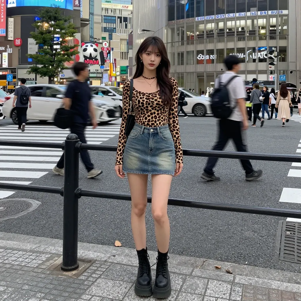ヒョウ柄レシピ（ヒョウ柄トップス+デニムミニ+黒レースアップブーツ）