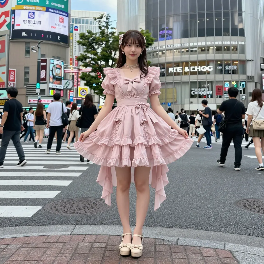 姫ギャルレシピ（ピンクフリルドレス+花飾り+厚底パンプス）