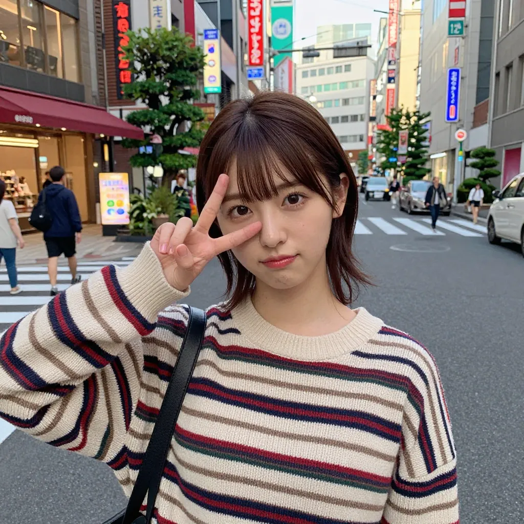 目元ピースサイン