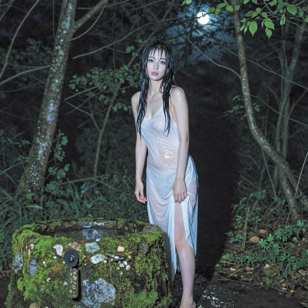 夜の森の井戸と濡れ透けドレス