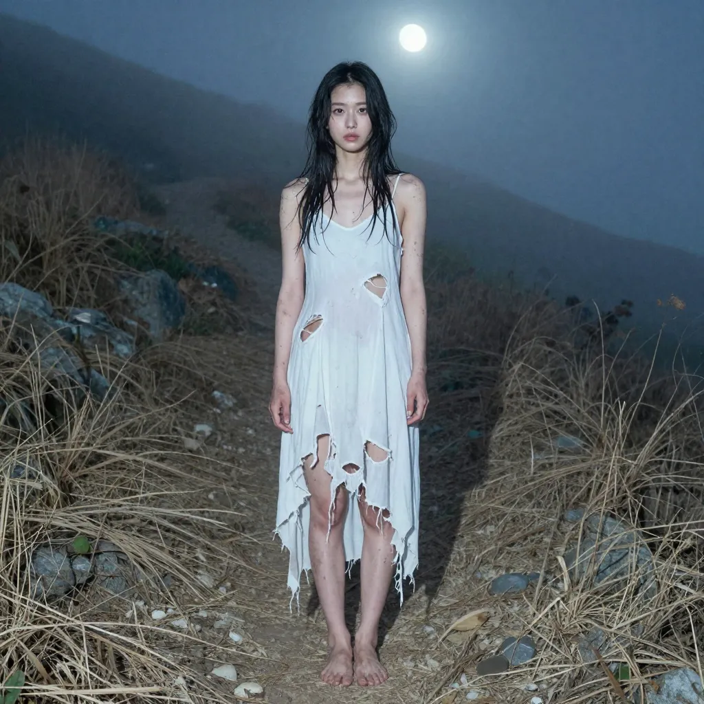 霧の山道に裸足で立つ破れドレスの女