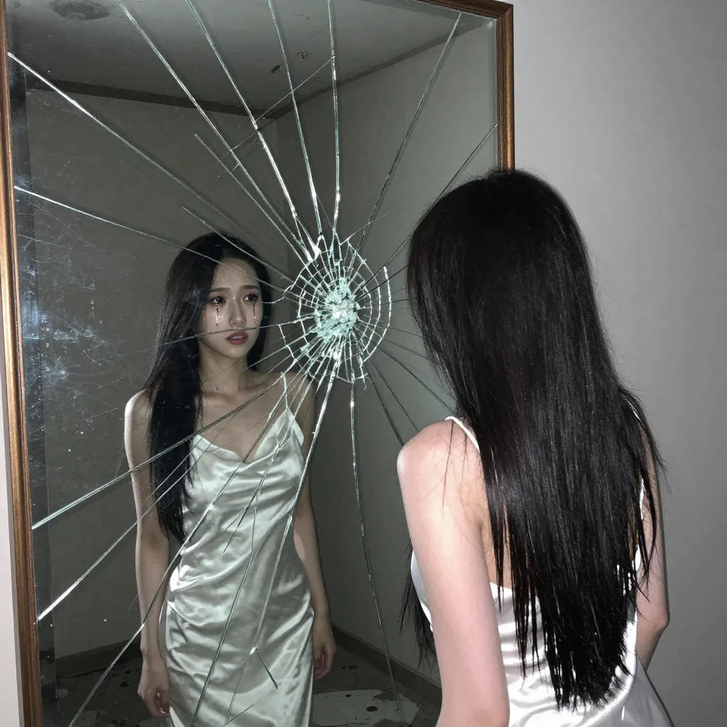 ヒビ越しに泣いている映り込み