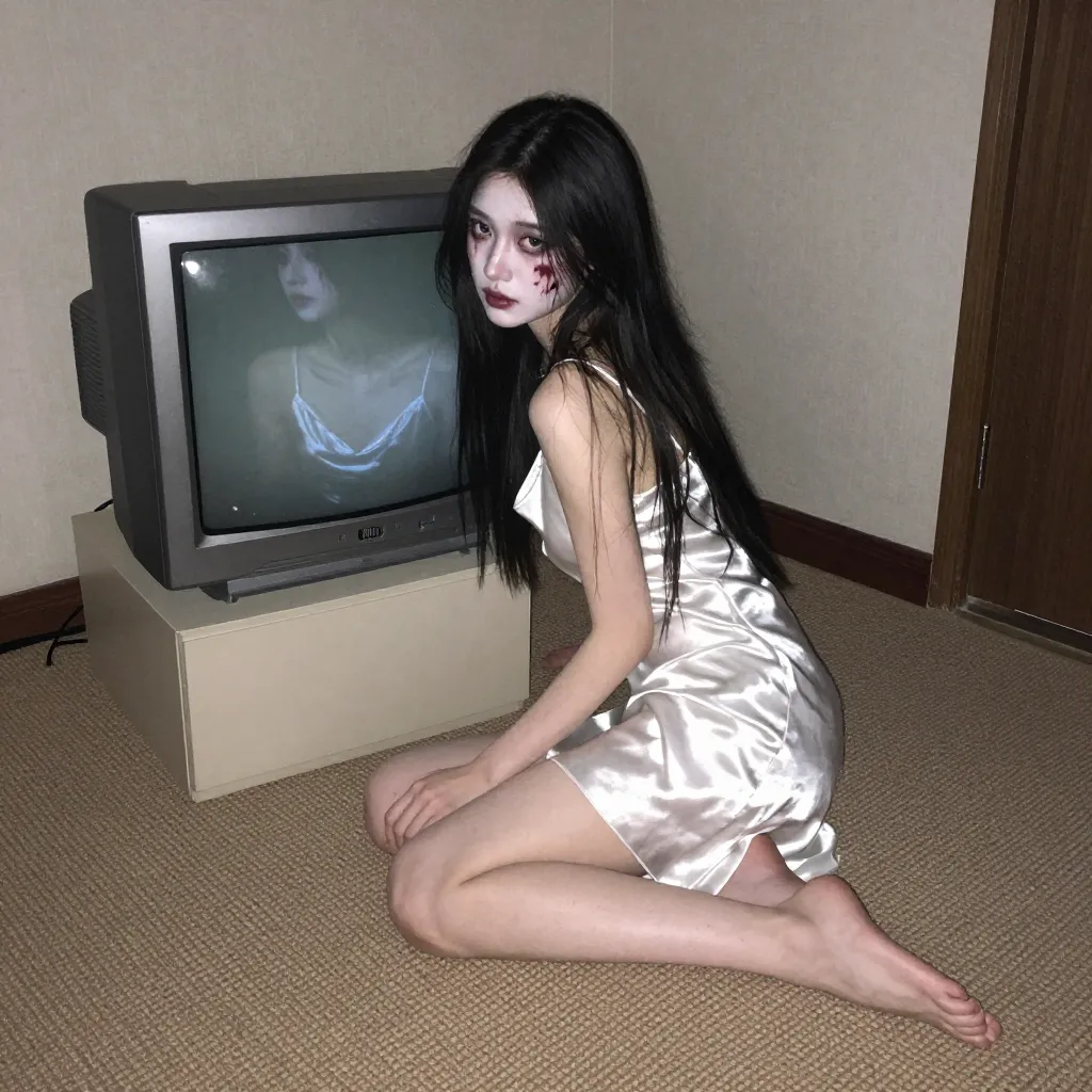 消えたTVの前に座るゾンビメイクの女