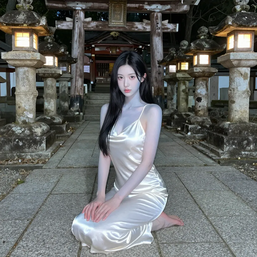 灯籠の点いた参道に座って待つ女
