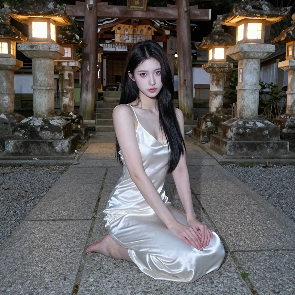 夜の神社の石畳に座る