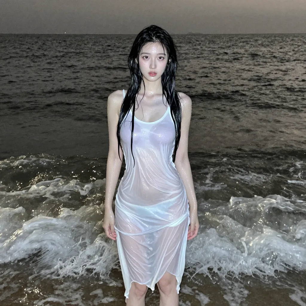 夜の波打ち際に立つずぶ濡れの女