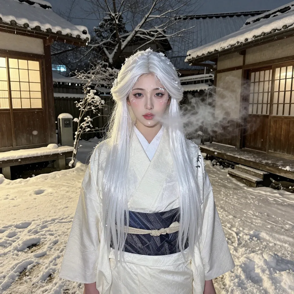 雪女・白髪と雪の中庭の夜