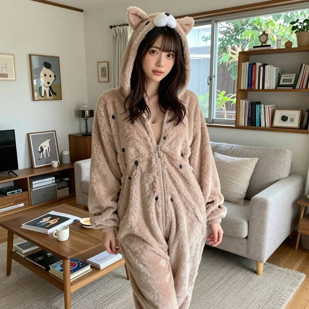 animal onesie, nude underneath