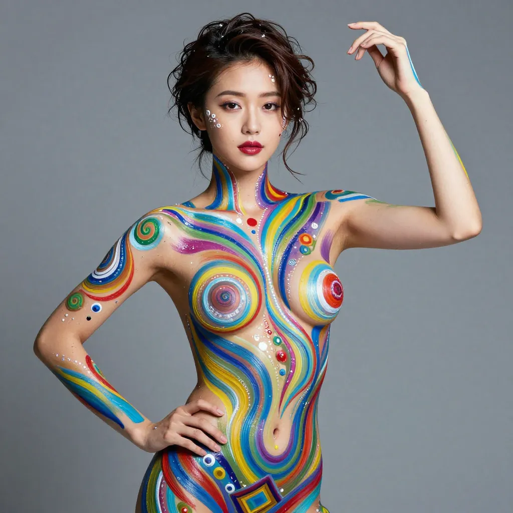 Woman with colorful swirl body paint covering entire body