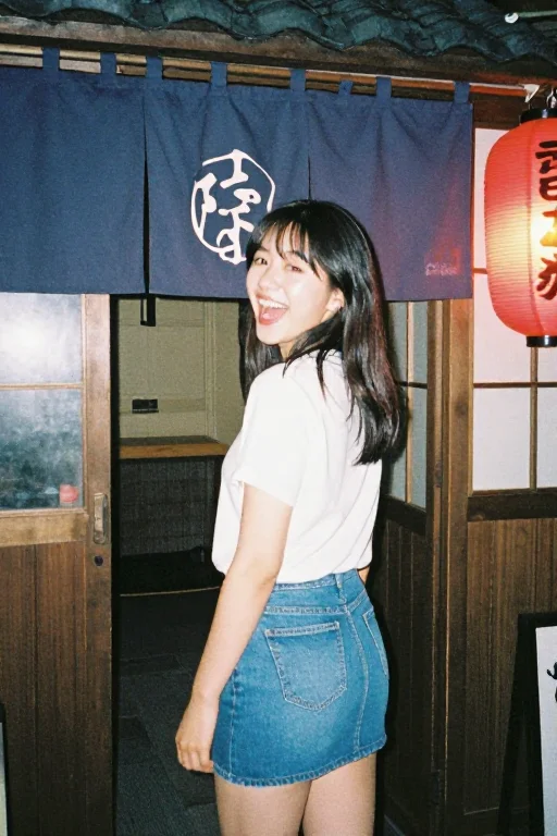Finding the Prompt for a Retro Disposable Camera Shot of "Laughing Back at an Izakaya Entrance"