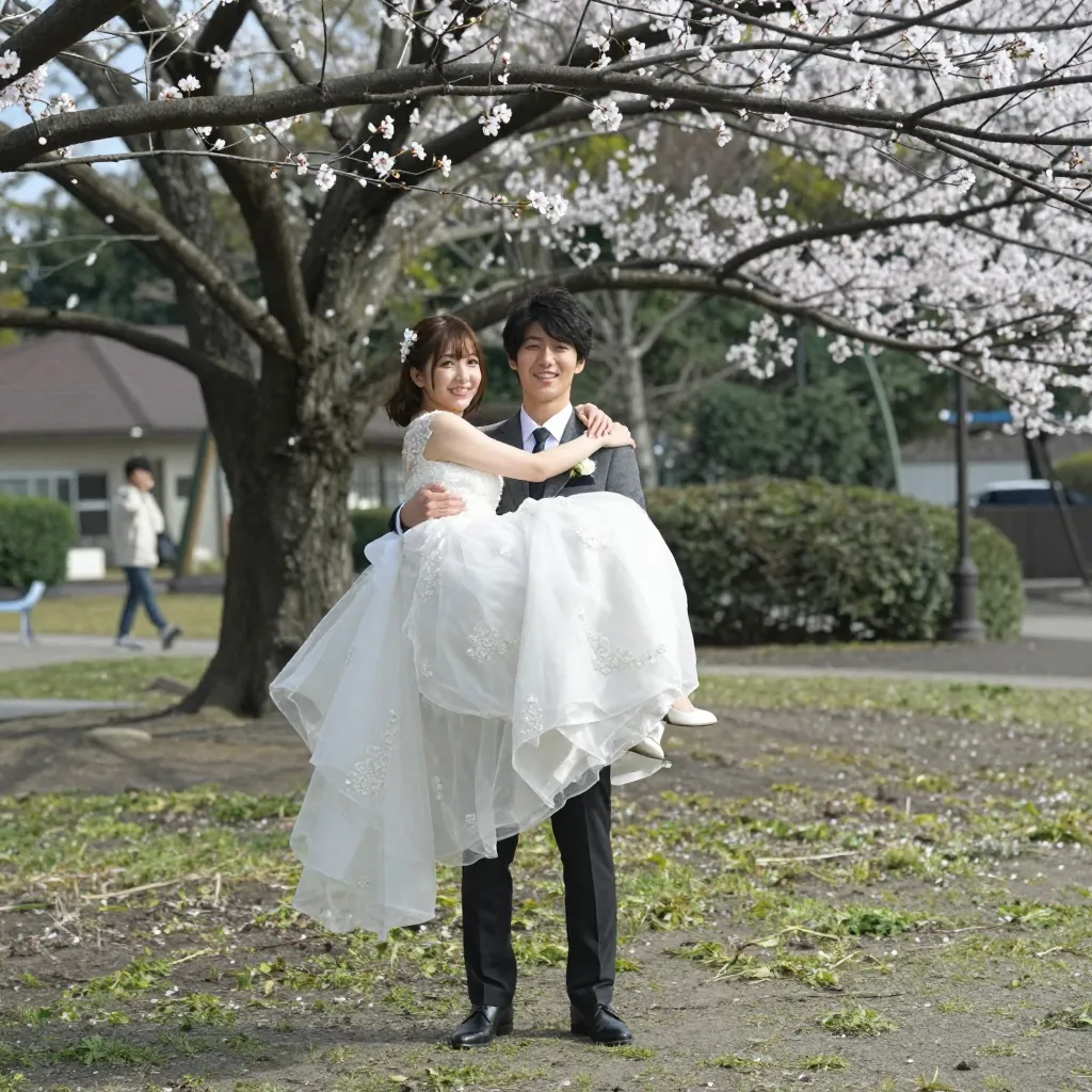 お姫様抱っこ成立、桜の下でのウェディング衣装