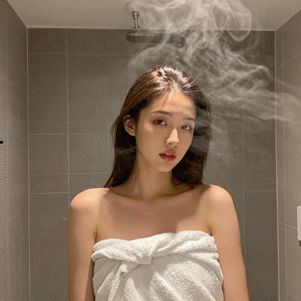Fluffy towel wrap, steam front view