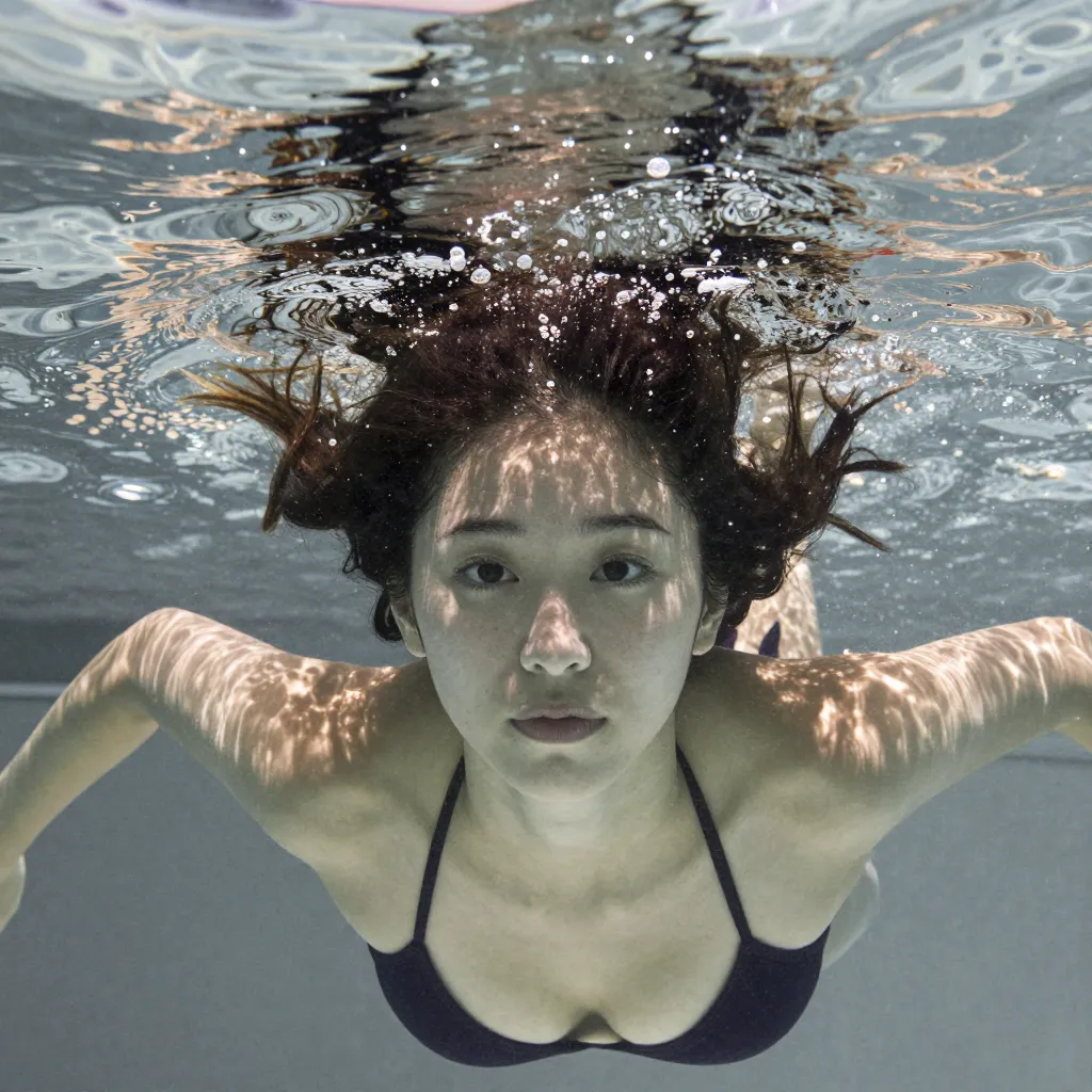 Subject seen from below underwater. Face near water surface with floating hair