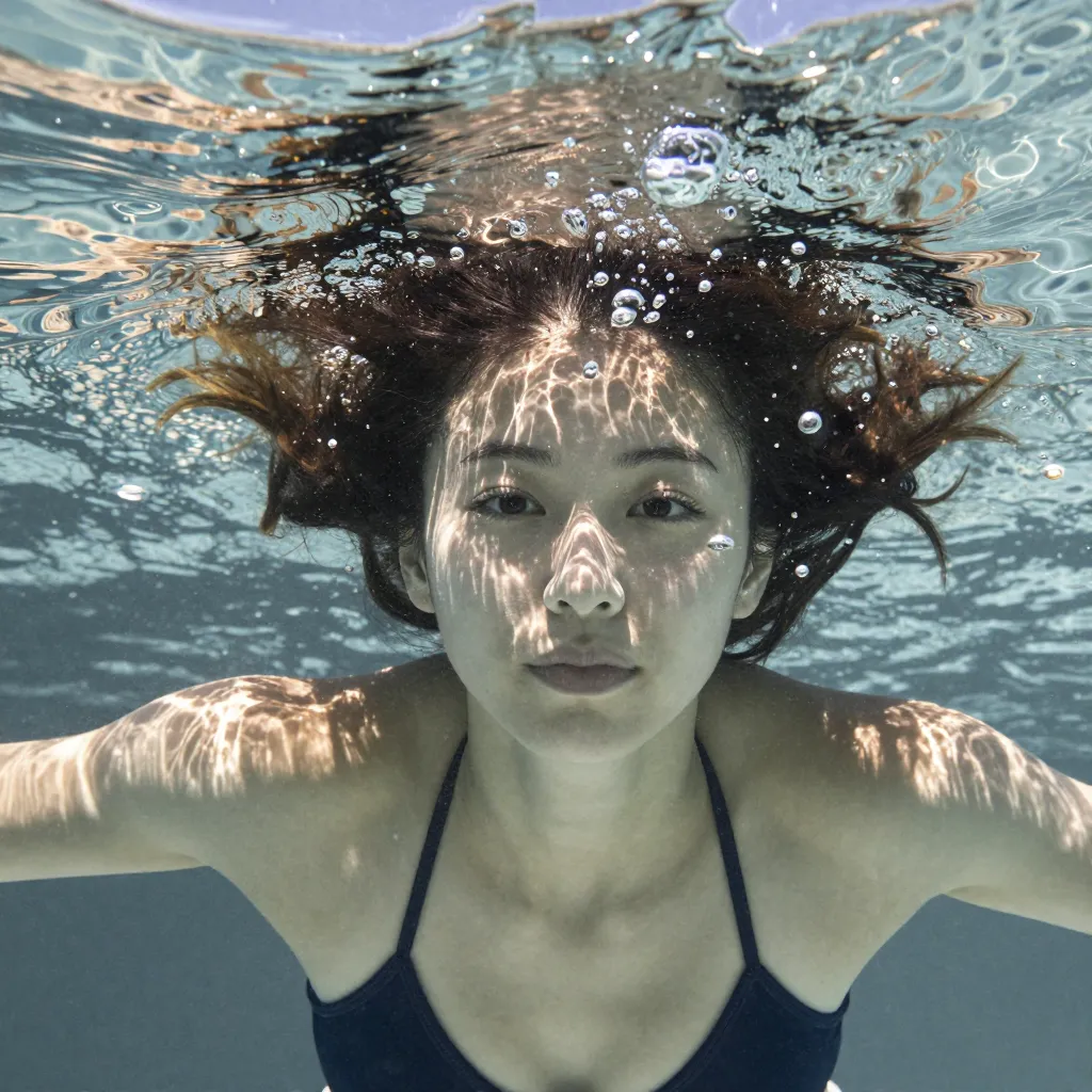 Subject from below underwater with vivid caustic patterns on skin and bubbles above the head