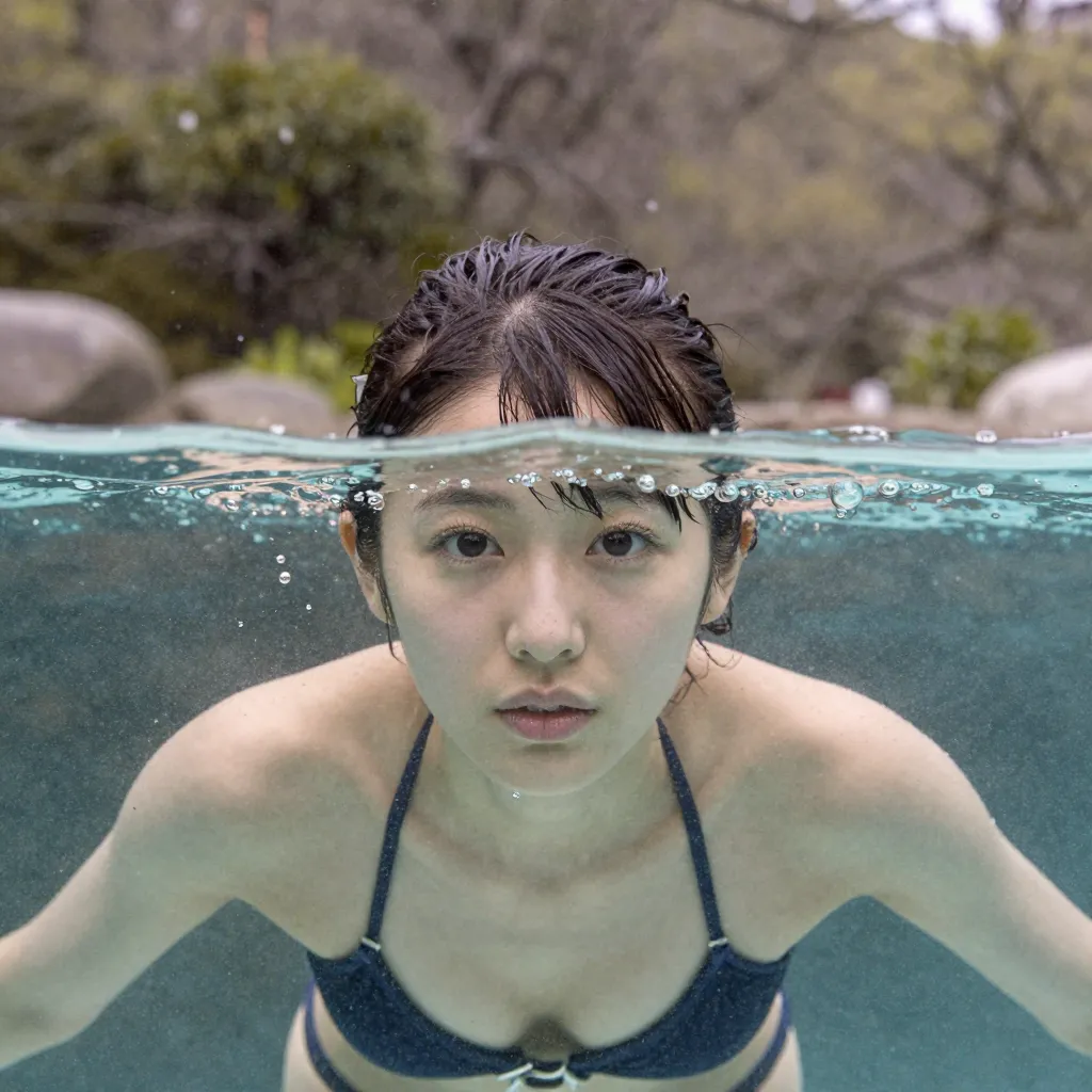 Waterline crosses the forehead. Poolside trees visible above water, face submerged below